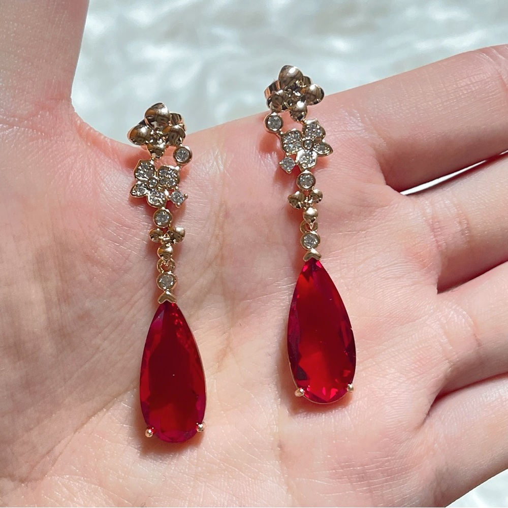 Gold Plated Floral Diamante Cluster Drop Earrings w/ Ruby Red Crystal Teardrops
